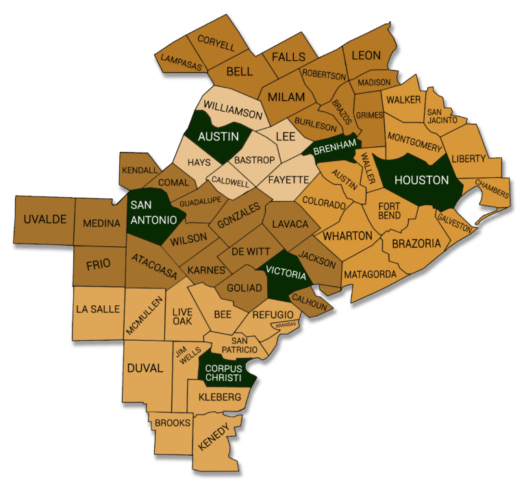 This is a stylized map highlighting several counties in Texas, with major cities like Austin, San Antonio, and Houston marked in green.