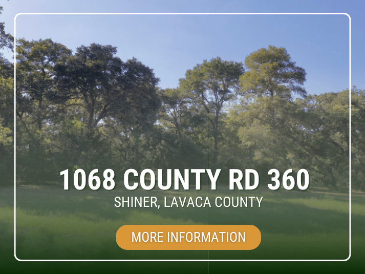 Real estate image of 1068 County RD 360, Shiner, Lavaca County, with an information button.