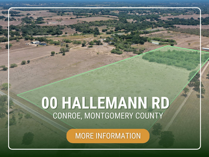 Aerial real estate image for 00 Halleman Rd, Conroe, Montgomery County, with an information button.