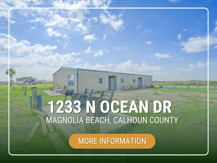 An advertisement for a property at 1233 N Ocean Dr, Magnolia Beach, with a call-to-action for more information.