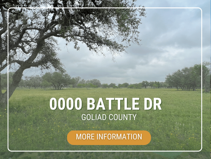 Landscape real estate image for 0000 Battle Dr, Goliad County, with an information button.