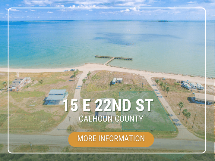 Promotional image of coastal property at 15 E 22nd St, Calhoun County, with an information callout.