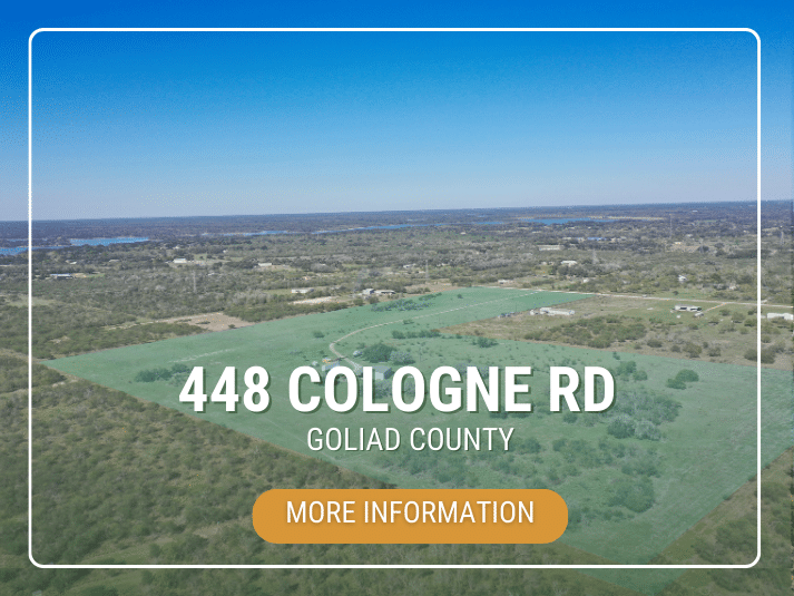 Aerial real estate image for 448 Cologne Rd, Goliad County, with an information button.