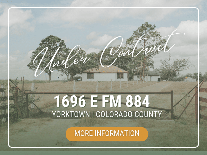 Real estate image of 1696 E FM 884, Yorktown, Colorado County, marked "Under Contract" with an information button.