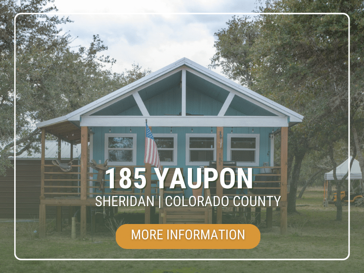 An image showcasing a cabin at 185 Yaupon, Sheridan, Colorado County, with an American flag and an information callout.