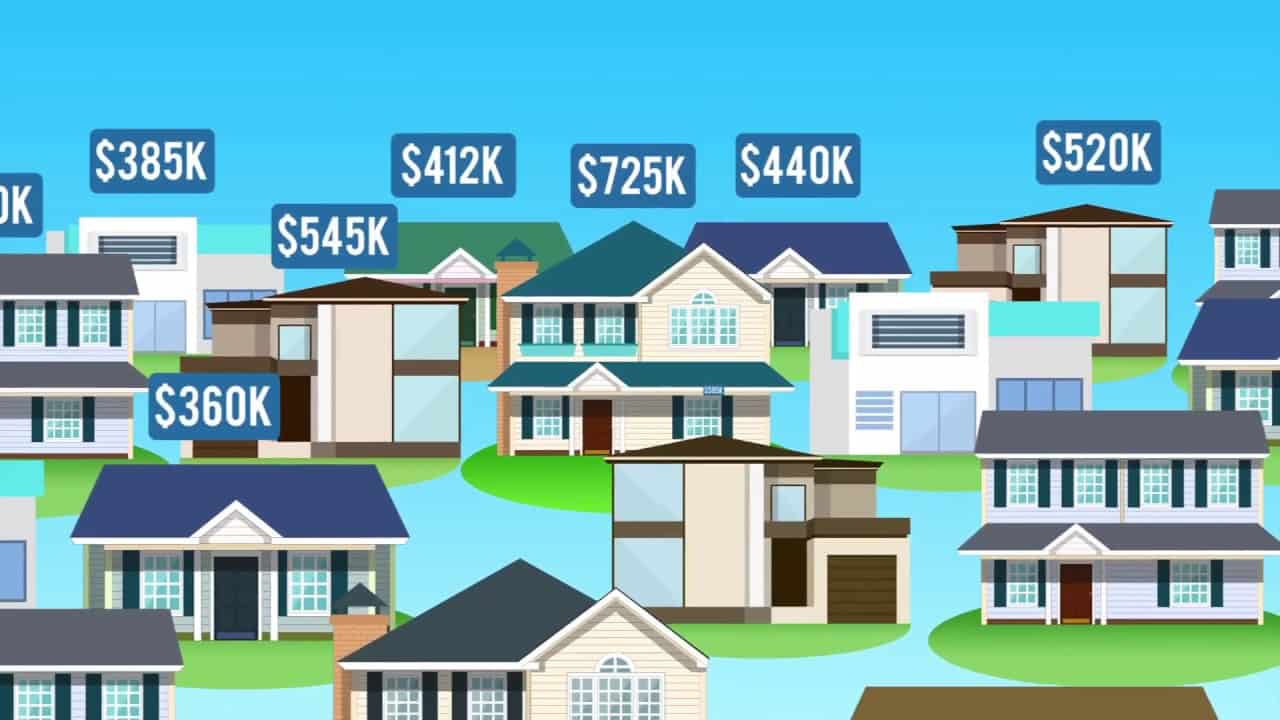 Illustration of houses with price tags.